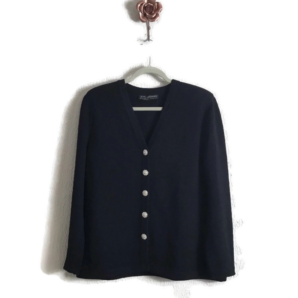 St. John Black Cardigan with Crystal flower buttons and sleeve details